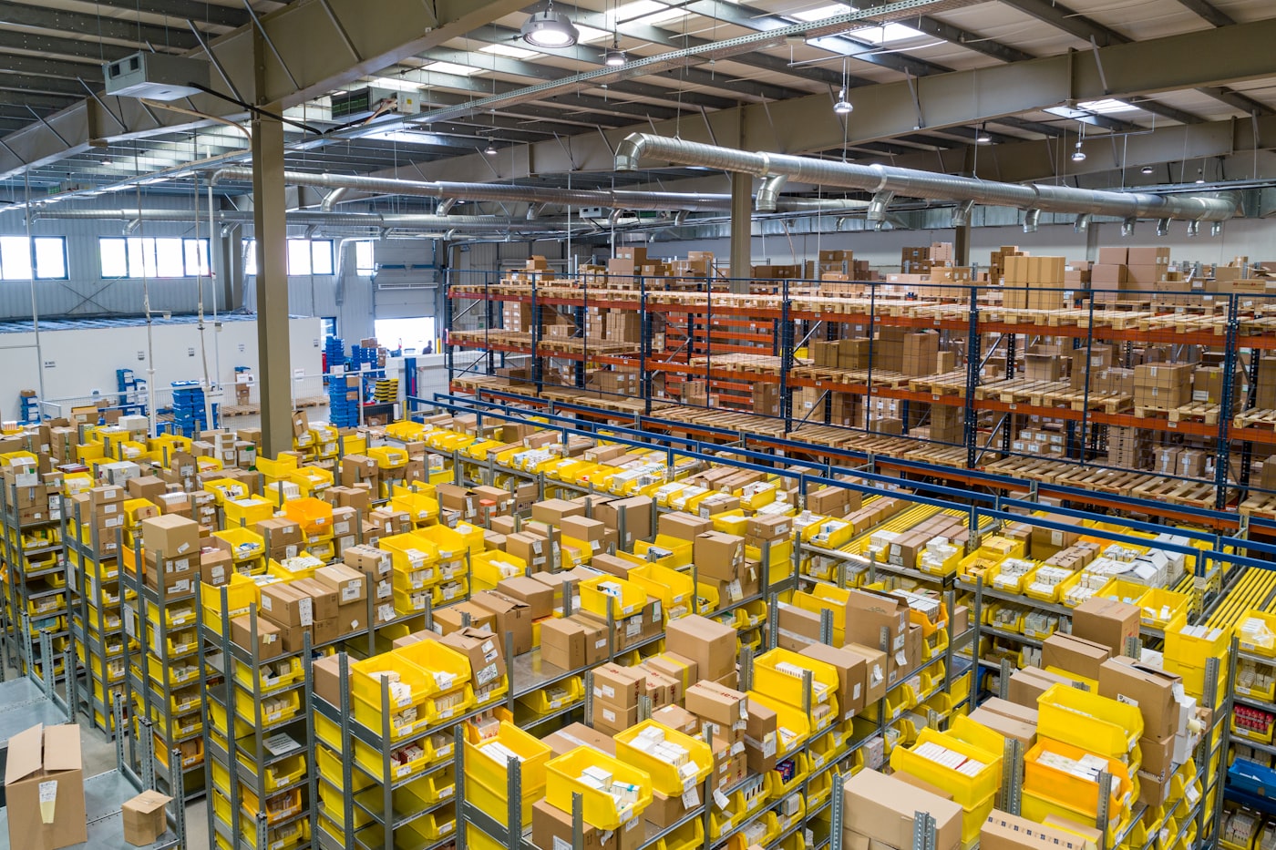 Distribution warehouse with inventory on racks